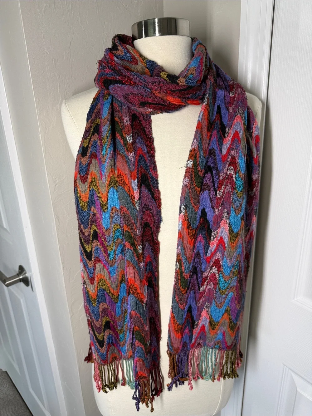 taleen woven colorful abstract print scarf with fringe made in India